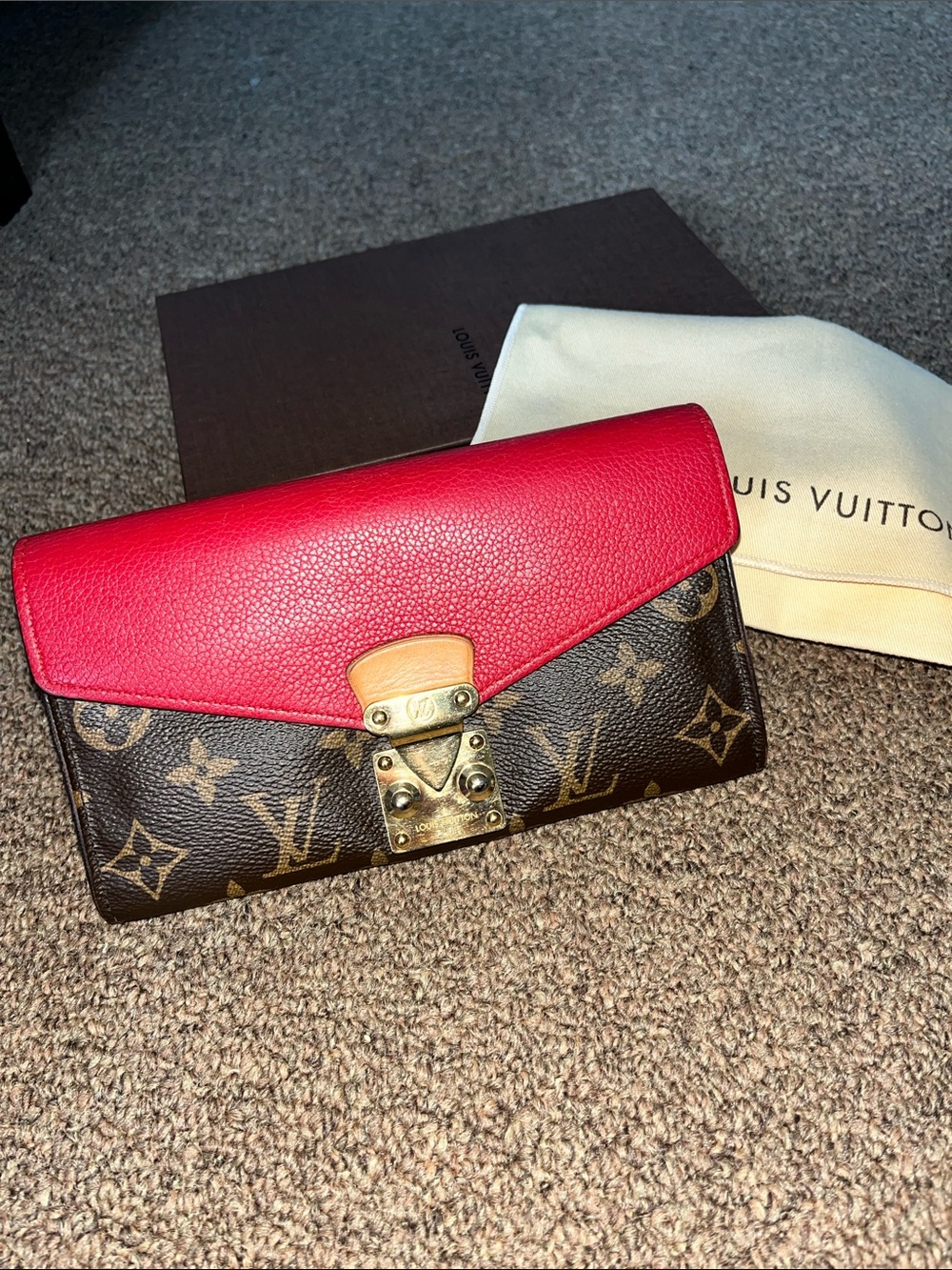 Louis Vuitton Monogram Wallet with Red Leather Flap and Gold Hardware